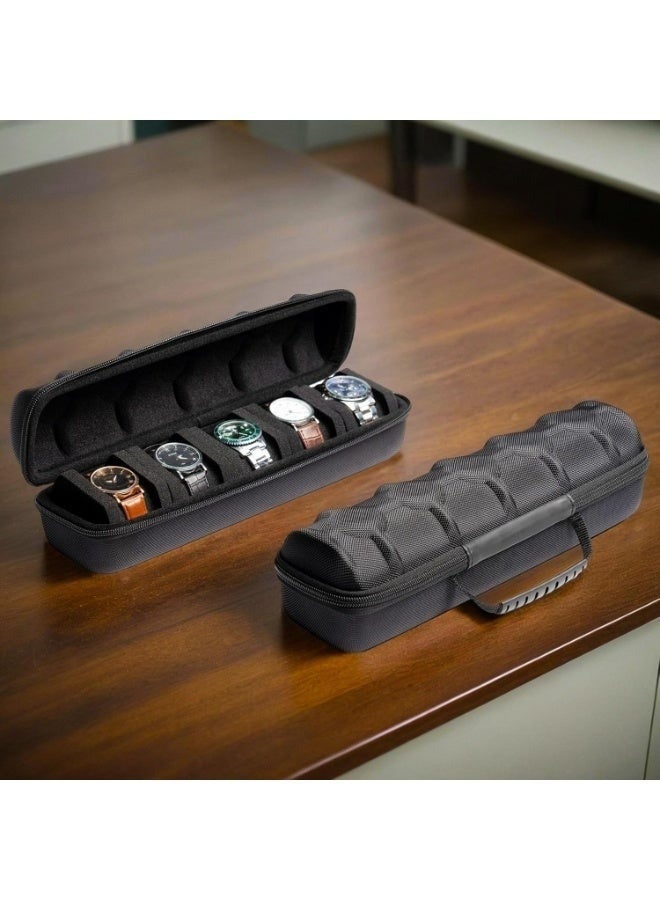 Luxury Round Watch Organizer Case – Holds 5 Watches, Shockproof and Scratch-Resistant Travel Storage Box with Soft Velvet Lining and Foam Cushions, Durable Nylon Exterior, Black, 32.5 × 8.5 × 9 cm - Image 3